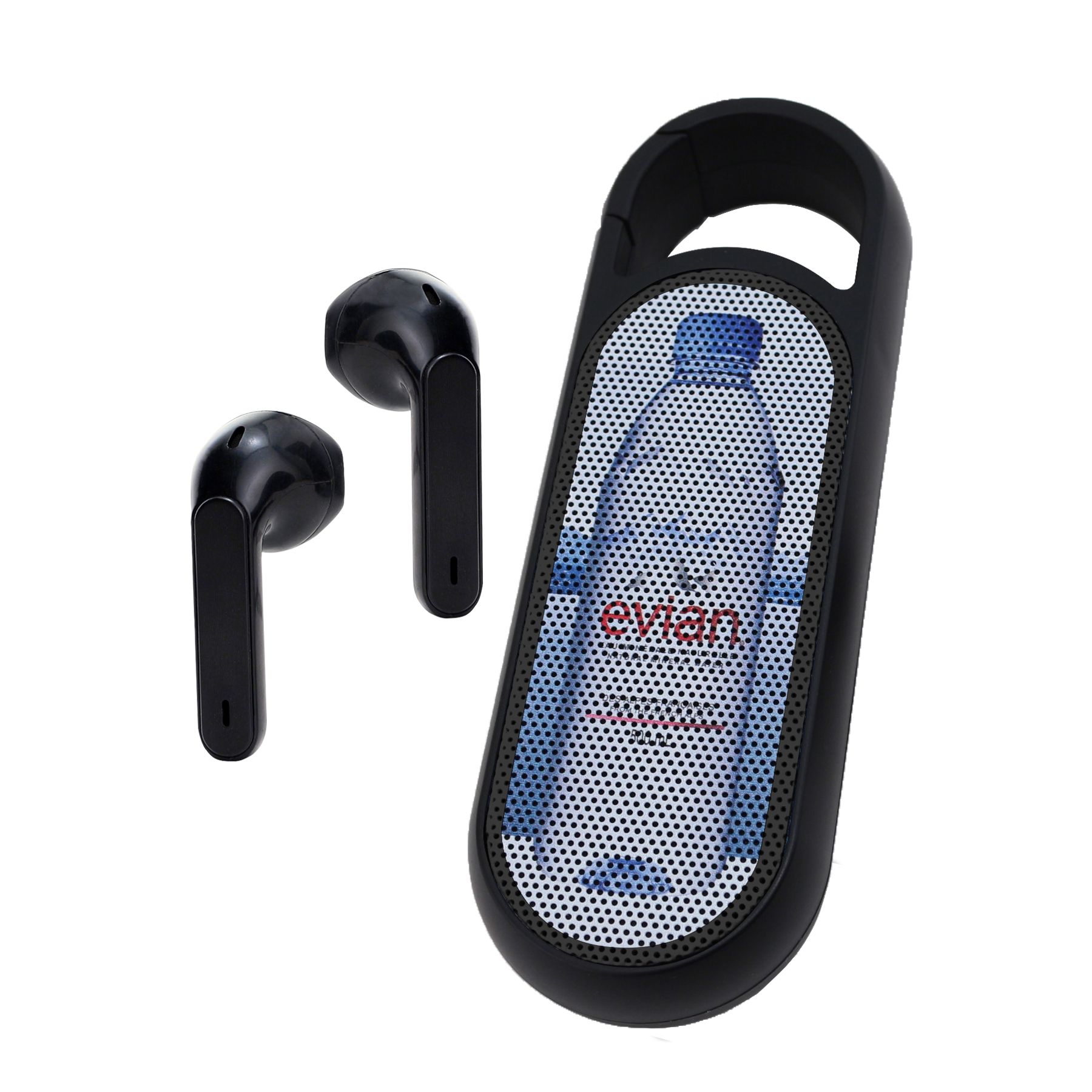 a small, black, pill shaped container with a water bottle and the words "evian" on the case. next to it are two black ear buds. 